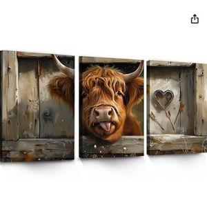 LANZHENZHENART 3Pcs Funny Highland Cow Wall Art Rustic Farmhouse Picture Canvas Painting Prints For Home Dining Room Living Room Wall Decor Poster Artwork(12" x 18" x 3 Panels Framed)