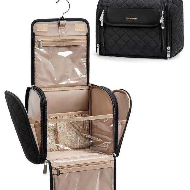 BAGSMART Makeup Bag for Women with Hanging Hook - Portable Cosmetic Case, Large Capacity Door Room Essentials Travel Organizer for Full Sized Cosmetics and Toiletries, Black
