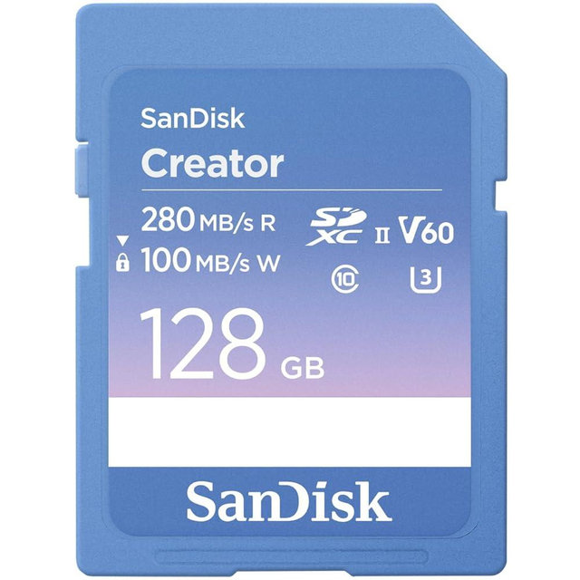 SANDISK 128GB Creator SD UHS-II Card, Read speeds up to 280MB/s, for DSLR and Mirrorless Cameras, 4K UHD, 6K Video, V60, 1 Month of Adobe Creative Cloud Included - SDSDXEP-128G-GNCIS