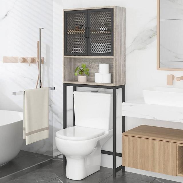 Launica Bathroom Space Saver, Over The Toilet Storage Cabinet, Metal and Wood Industrial Bathroom Organizer Stand Above Toilet, Freestanding Bathroom Rack Behind Toilet Wtih Shelf, Light Grey Oak