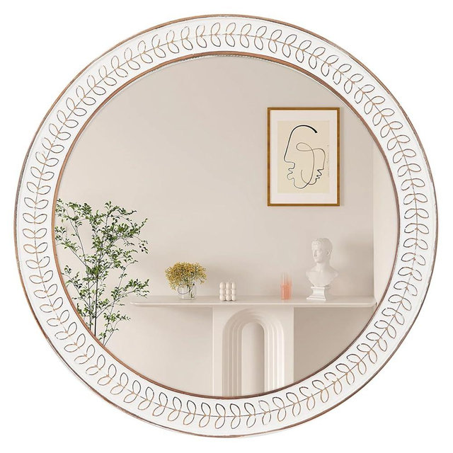 26 inch Round Mirrors for Wall Wood Circle Mirror with Carved Frame Rustic Accent Distressed Decorative for Living Room Bedroom Vanity Entryway Hallway Bathroom - White