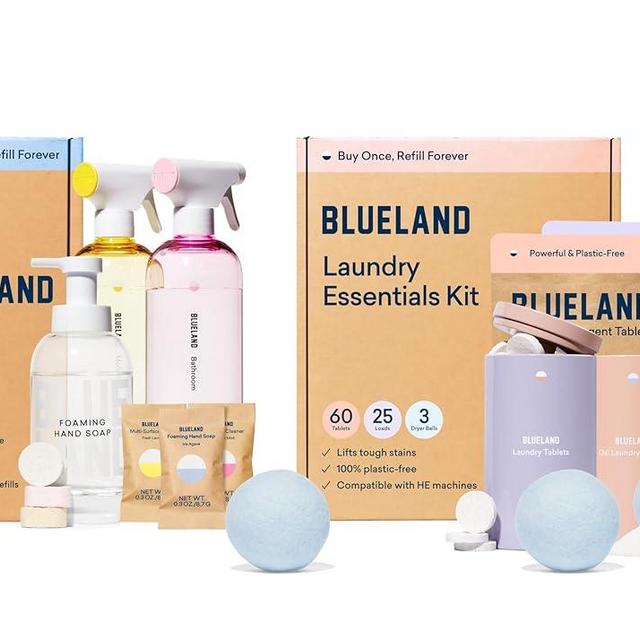 BLUELAND Kit Duo | Clean Home Kit (3 Reusable Bottles + 3 Tablet Refills) | Laundry Essentials Kit, Plastic-Free Laundry Detergent Tablets, Oxi Booster and Reuseable Natural Wool Dryer Balls For Dryer