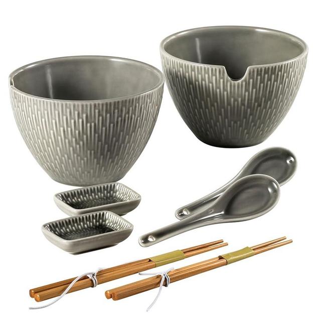 Bonquicken Ramen Bowl Set 28 OZ, Ceramic Noodle Bowl with Chopsticks & Spoons & Dipping Dishes, Japanese Noodle Soup Bowls for Udon, Pasta, Pho, Dishwasher and Microwave Safe, Set of 2, Cool Gray