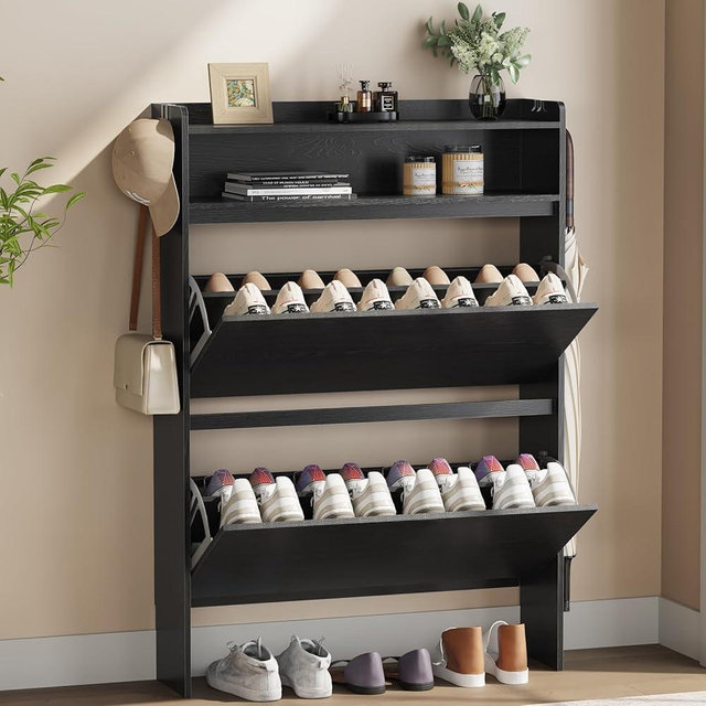 Draelibor Shoe Cabinet Organizer with 2 Flip Drawers，Freestanding Shoe Rack Cabinet, Shoe Cabinet Storage for entryway, Foyer, Hallway, Black, 31.5" W