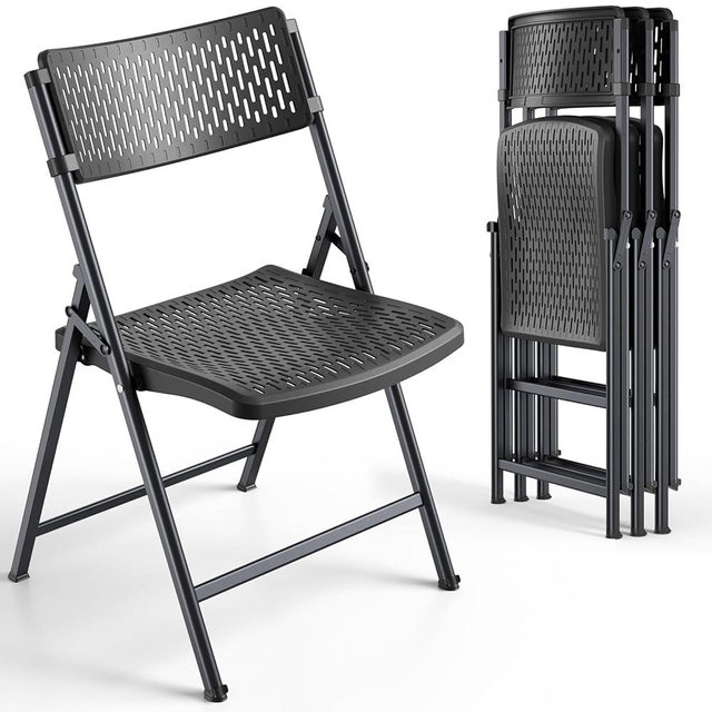 FurniEdge Black Folding Chairs 4-Pack, Breathable Plastic for Card Tables & Indoor Outdoor, Easy-Clean & Supports 400 Lbs
