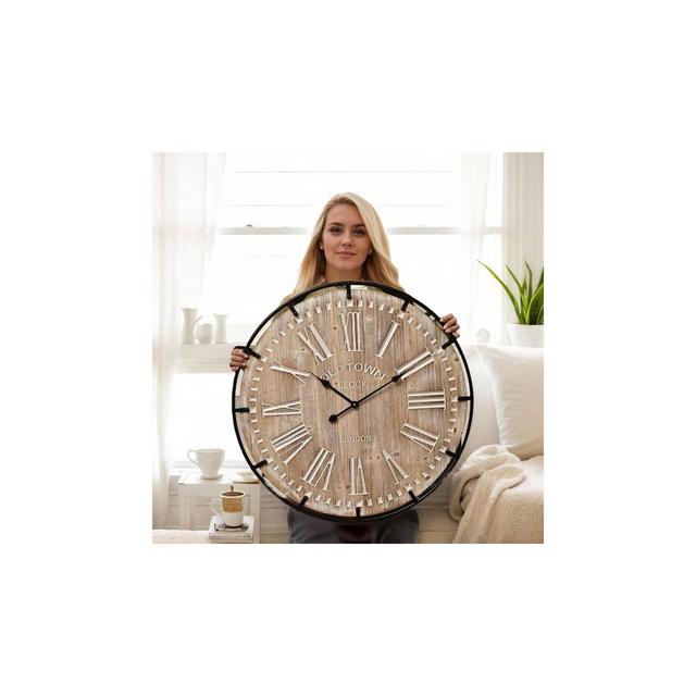 Large 30 Inch Farmhouse Wall Clock Wood and Metal Silent Operated for Living Room Kitchen Office Decor initial standard