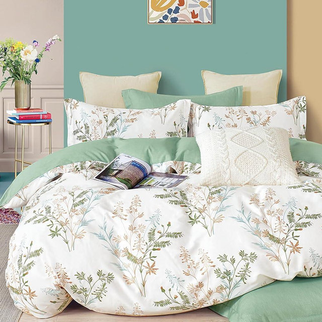 ALEISSEL 100% Natural Cotton 3pcs Botanical Comforter Sets Queen Size-Green Comforter with Luxurious Tan & Gray Leaves on White, Reversible Lightweight Floral Bedding Sets(Full/Queen)