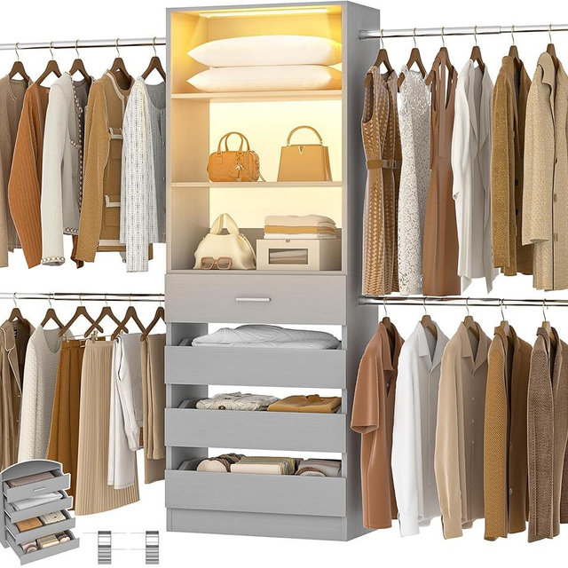 Aheaplus Closet System with Closet Sensor Lighting, 4-9Ft Closet Organizer with 4 Wooden Drawers, Wood Closet Organizer System with Tower, Walk-in Closet Wardrobe Organizer with 4 Hanging Rods, Grey