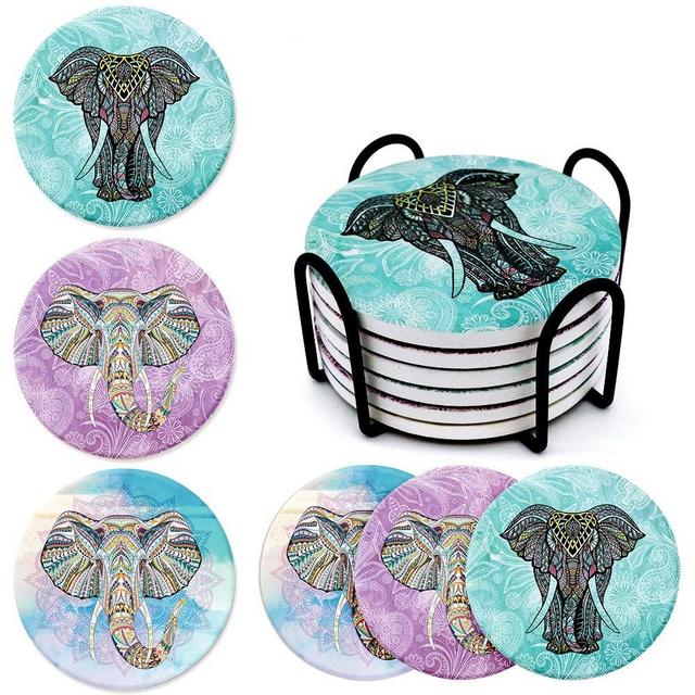 Absorbent Coaster Set for Drinks with Holder-Indian Elephant Mandala Floral Coasters for Mugs and Cups, Bohemian Style Gifts for Thanksgiving Christmas Birthday Housewarming Kitchen Bar Décor, 6pcs