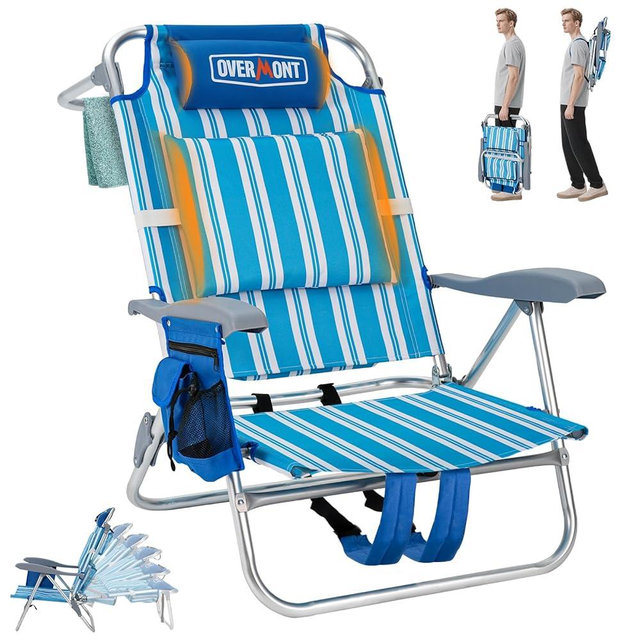 Overmont Low Beach Chair with Cooler Bag - 6-Positions Lay Flat with Ergonomic Armrests- Wide Seat with Lumbar Support, Towel Holder- Heavy-Duty 330lbs Support- Perfect for Summer, Travel & Relaxation