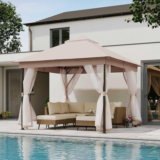 LAUSAINT HOME Patio Gazebo 10'x10', Outdoor Heavy Duty Party Tent Shelter with Double Roofs, Mosquito Nettings for Backyard, Garden, Lawn, Khaki