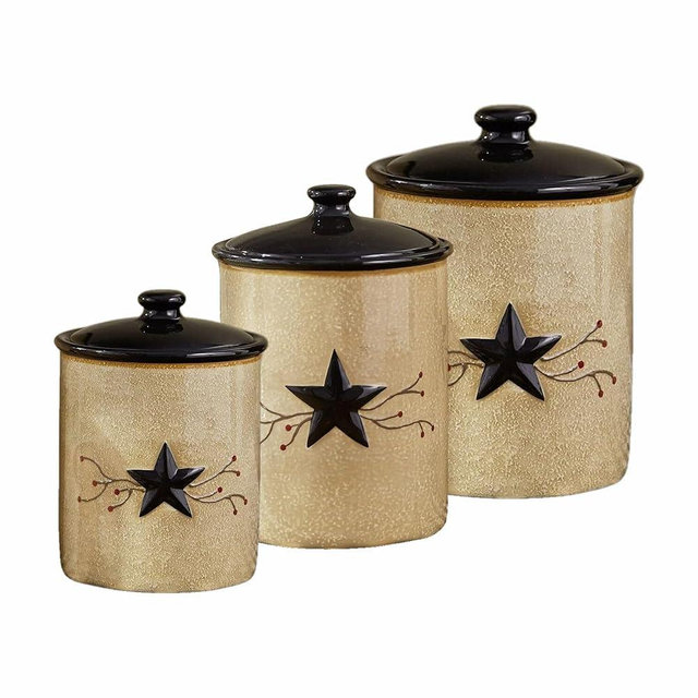 Park Designs Stoneware Star Vine 3 Piece Canister Set | Farmhouse Rustic Countertop Storage | Airtight Seal | Ceramic Canister Set for Kitchen Counter