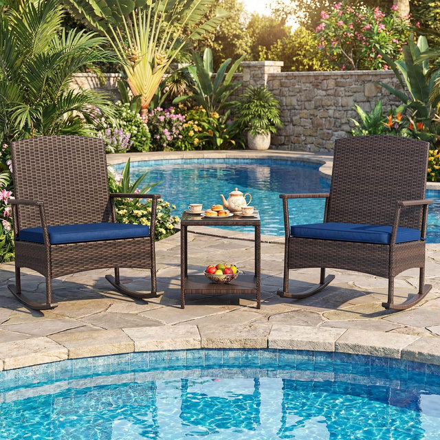 Costway 3 Piece Patio Rocking Bistro Set, 2 Rattan Armchairs with 2-Tier Side Table Mix Brown + Navy