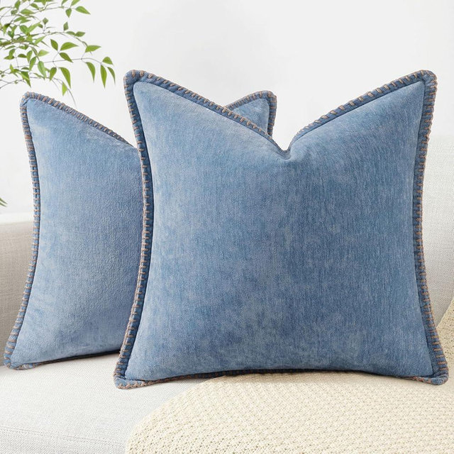 decorUhome Chenille Soft Throw Pillow Covers 26x26 Set of 2, Farmhouse Velvet Neutral Decorative Pillow Covers with Stitched Edge for Couch Sofa Bed Home Decor, Blue