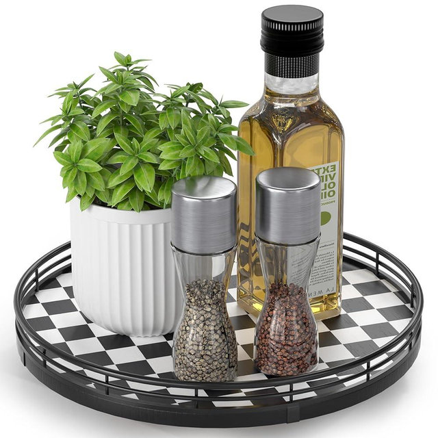Black and White Kitchen Lazy Susan Turntable – Checkered Round Decorative Tray, 10” Table Top Oak Wood Lazy Susan for Cookies, Dining Table Organizer, Small Kitchen Table Centerpiece