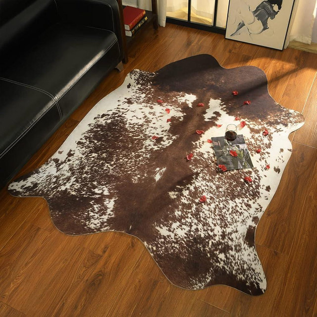 B BENRON Luxury Cowhide Rug Faux Cow Rug for Living Room 5.3x6.2ft Animal Rug Retro Cow Hide Rug Large Cow Print Rug Non Slip Area Rug Industry Style Western Rugs, Coffee
