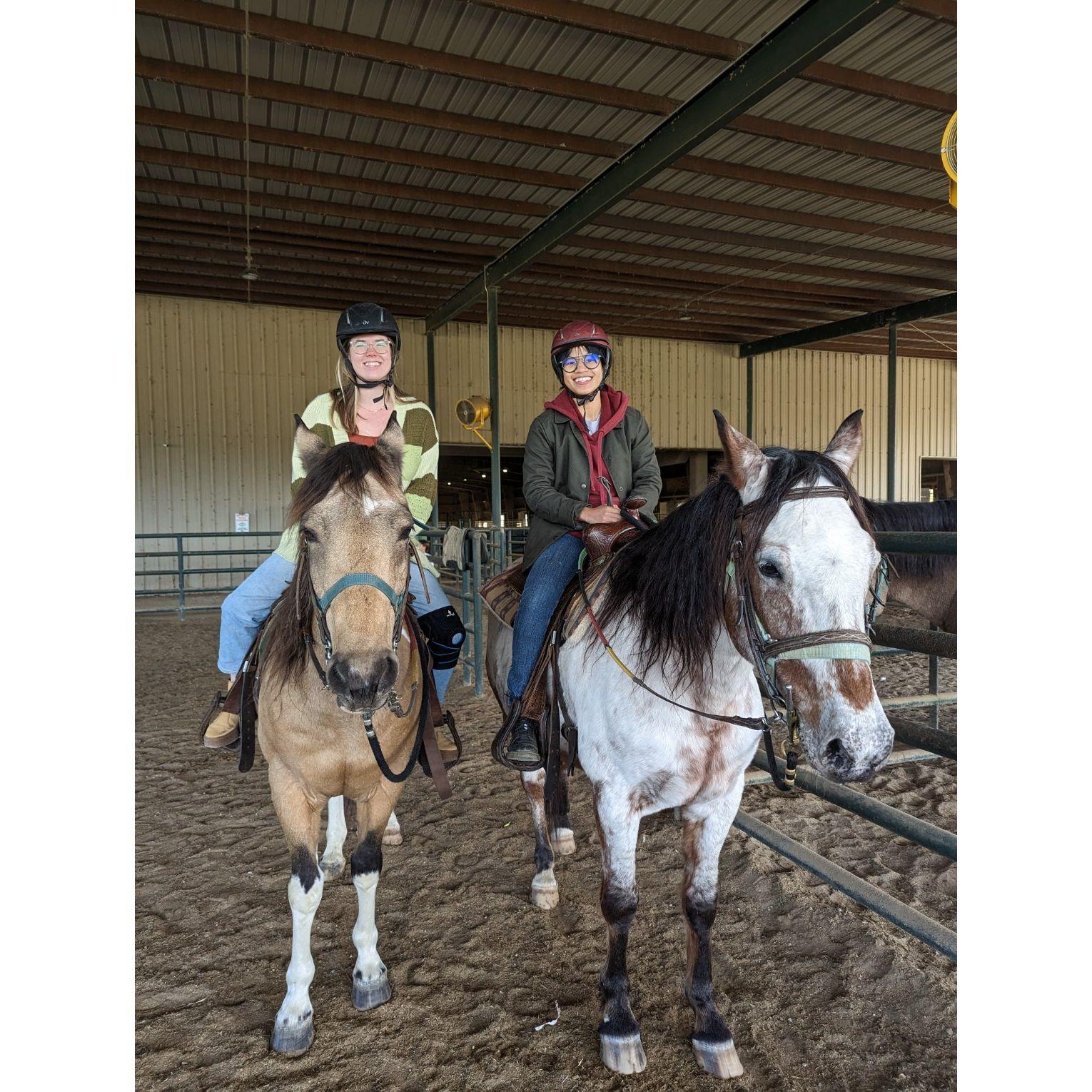 November 2022, Jen's first time on a horse (Geronimo), she still feels conflicted on the experience but would ride again!
