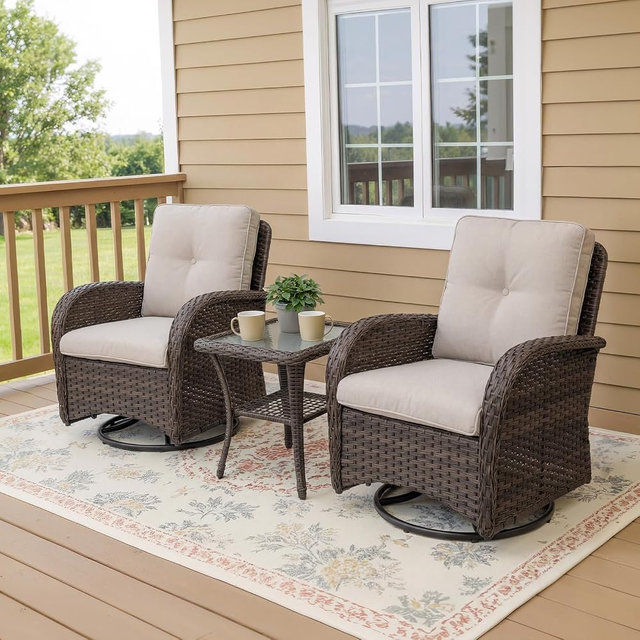 Rajvhvb 3 Pieces Patio Furniture Set, Outdoor Swivel Glider Rocker Chairs with Wicker Rattan Coffee Table, Gliding Bistro Sets for Outside Porch Deck (Brown Wicker, Beige Cushion)