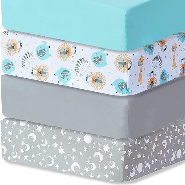 Bimocosy Fitted Crib Sheets 4 Pack, 28"x 52" Multi Color Available, Breathable & Soft Microfiber Toddler Sheets for Standard Crib and Toddler Mattresses, Stars/Animal/Grey/Light Green