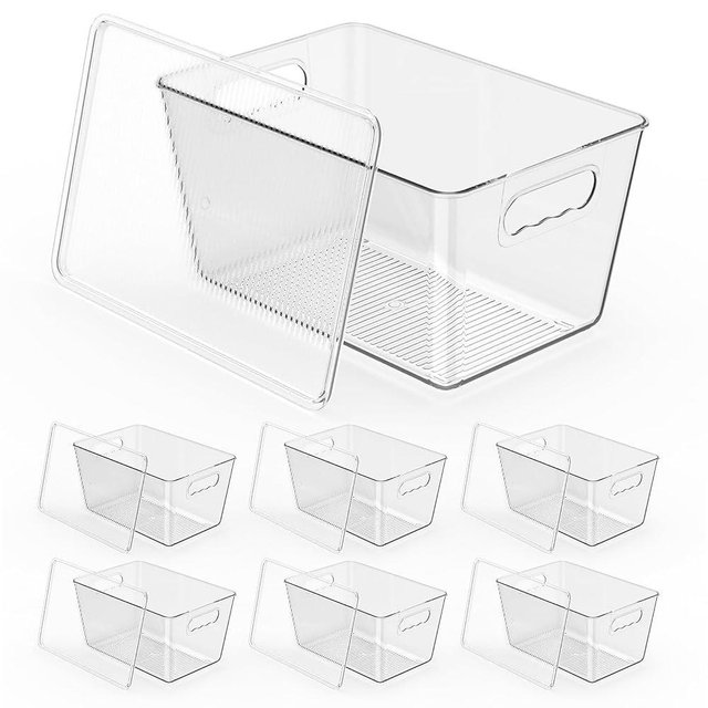 KJIXYUNG Clear Stackable Storage Bins, Pantry Organizers & Storage Containers, Cabinet Organizer, Home Organization Must Haves for Kitchen, Laundry Room, Office, Closet & Freezer (6 Pack with Lids)