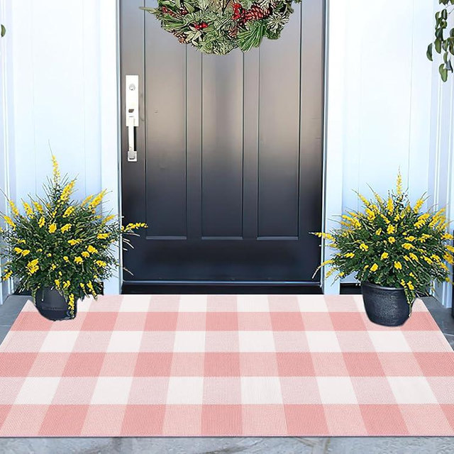 Pink and White Buffalo Outdoor Rug 24''x51''Checkered Plaid Front Porch Rug Cotton Woven Machine Washable Door Mat Outdoor for Layered Doormat Hello Welcome Door Mat Kitchen Farmhouse Entryway