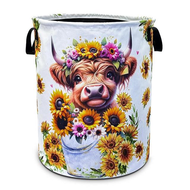 Highland Cow Laundry Basket Sunflower Flower Foldable Waterproof Oxford Cloth Funny Tote Bag Laundry Hamper Clothes Storage Bucket Toy Organizer For Bathroom/Laundry Storage/Bedroom 18.9x16.5 Inch