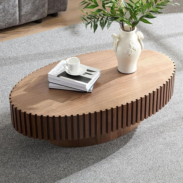 43.7'' Round Coffee Table for Living Room,Modern Handcraft Drum Coffee Table Wood Small Coffee Table with Sturdy Pedestal,Wanult