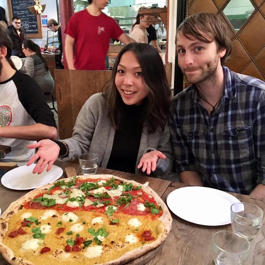 February 2017: With a delectable and extremely large pizza in London, England.