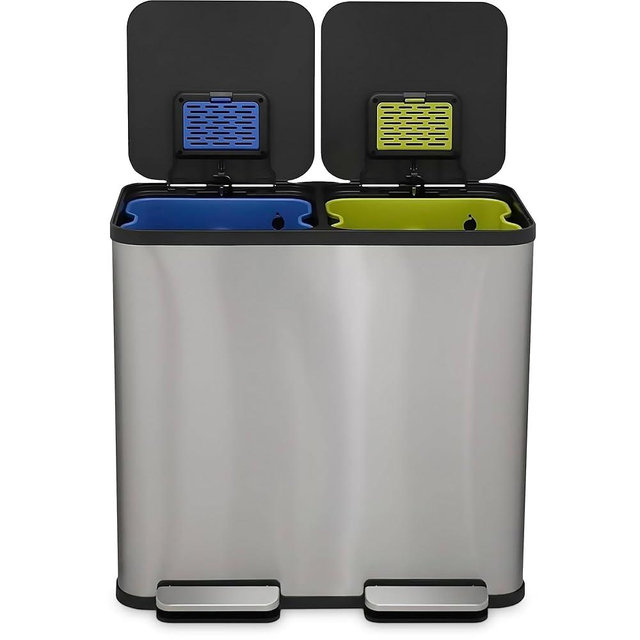 80 Liter / 21 Gallon Rectangular Hands-Free Dual Compartment Recycling Kitchen Step Trash Can with Soft-Close Single Lid, Stainless Steel (40L x 40 L Capacity) Stainless Steel Finish
