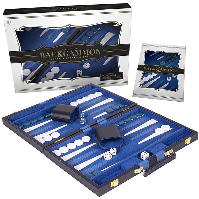 Backgammon Set 15 inch, Medium - Classic Board Game for Adults and Kids with Premium Leather Case - Includes Strategy & Tip Guide (Blue)