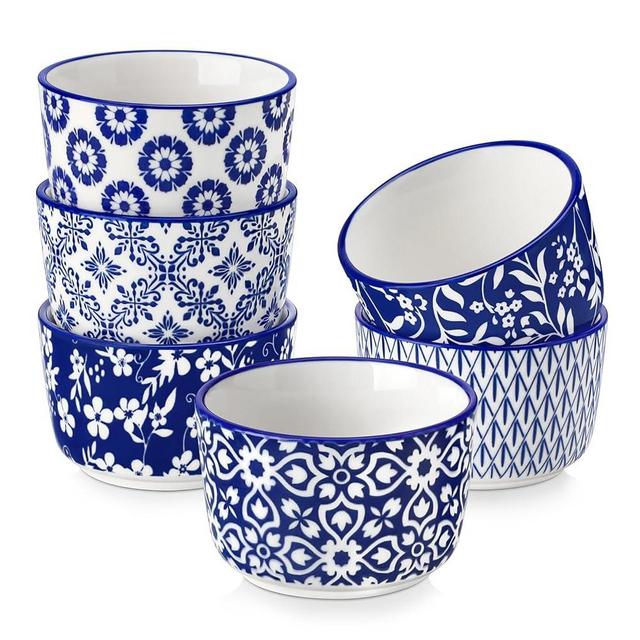 vancasso Selene 4 oz Mini Ceramic Ramekins Set of 6, Oven-Safe Baking Cups for Crème Brûlée, Soufflés, Desserts, Handcrafted Blue and White Patterns