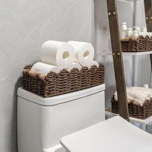 CubesLand PP Wicker Scalloped Edge Floating Shelves Baskets Set 2, Toilet Basket for Over Toilet Storage Shelf, Ending Table, Nightstand Organizing and Home Décor, Rattan Basket Come with Wood Handle