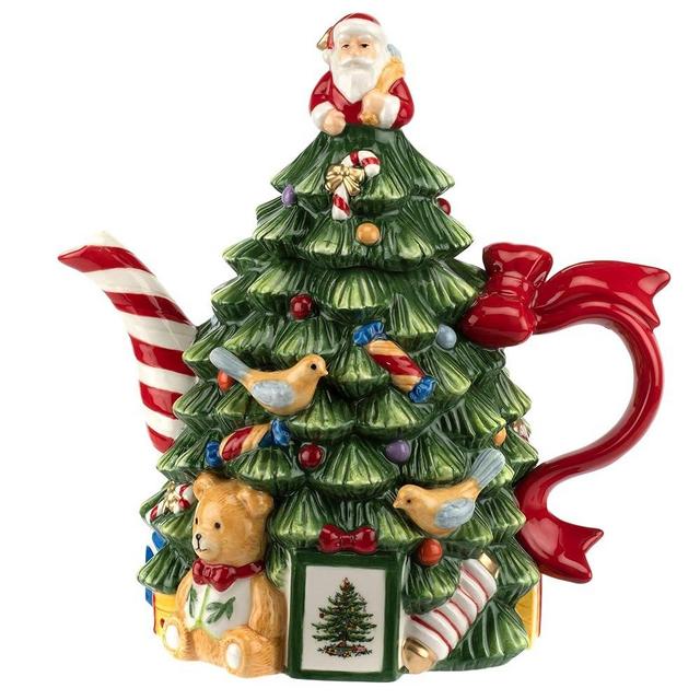 Spode Christmas Tree Figural Teapot - Festive 27 oz Christmas Teapot with Mistletoe Accents, Peppermint Stripe Spout, and Ribbon Handle - Decorative Dolomite Tea Pot for Holiday Tea Parties