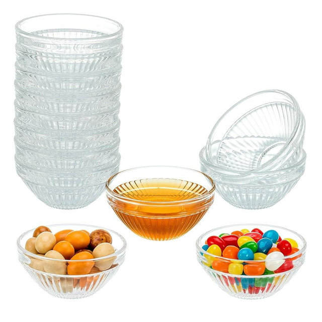 10 Set Mini Glass Prep Bowls, 2.5oz Ribbed Small Bowls Stackable Ingredient Dishes Clear Ramekins Pinch Bowl for Measuring Spices Dipping Sauces