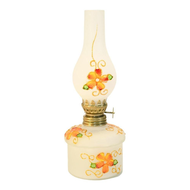 Hand Blown Glass Oil Lamp Orange Flowers Hand Painted Opaque Finish 9" Tall (Orange Flowers)
