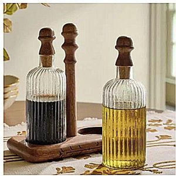 Antiqued Wood Ribbed Glass Oil & Vinegar Set