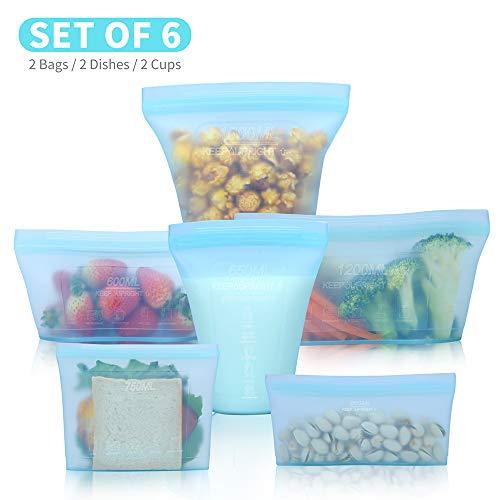 Reusable food container silicone bag, Upgrade second generation 6 Pcs Zip Lock Containers Storage, 100% Silicone Reusable Food Bag, Stand Up Preservation Bag, Rounded interior for easy cleaning.