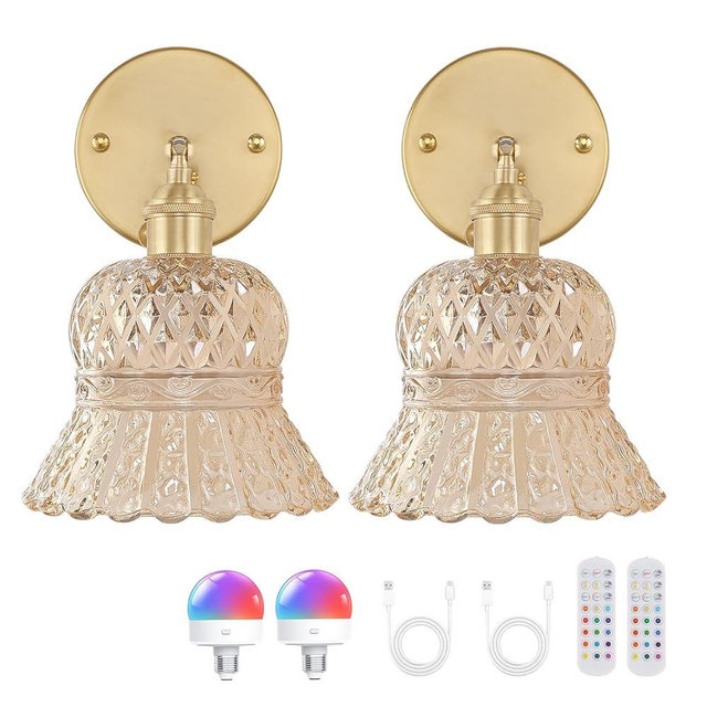 Shenmoyl Vintage Battery Operated Wall Sconces Set of Two, Rechargeable Battery Powered Wall Sconce with Remote Control, Wireless Dimmable LED Light for Bedside Indoor Living Room (Amber Pineapple)