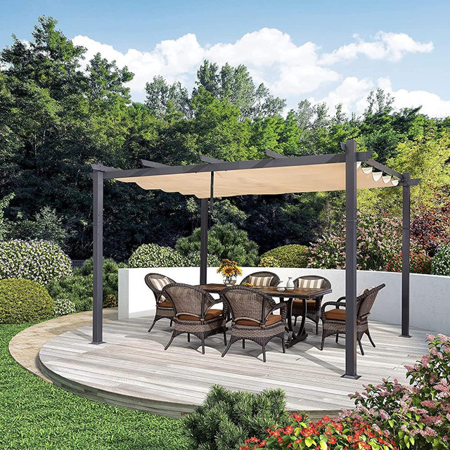 PURPLE LEAF 10' X 13' Outdoor Retractable Pergola with Sun Shade Canopy Patio Metal Shelter for Garden Porch Beach Pavilion Grill Gazebo Modern Yard Grape Trellis Pergola, Beige