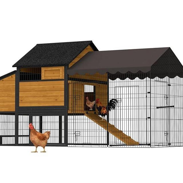 Large Chicken Coop for 4-6 Chickens,Mobile Combination of Metal and Wood Hen House Poultry Cage with Metal Run, Nesting Box,Waterproof Rain Cover Duck Coop