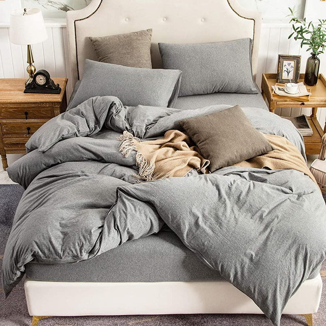 PURE ERA Jersey Knit Duvet Cover Set 100% T-Shirt Cotton Bedding Super Soft Comfy, Dark Grey Queen, with Zipper Closure (3pc Set, 1 Comforter Cover + 2 Pillow Shams)