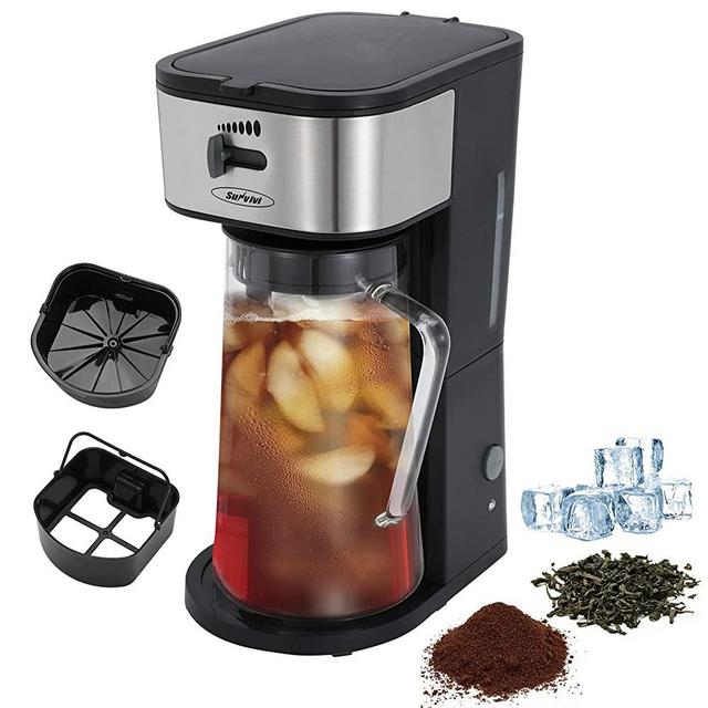 Iced Tea Maker (Upgrade) with 3 Quart Fruit Infusion Flavor Glass Pitcher, Ice Tea Maker & Coffee Brewing System with Strength Selector, Loose Tea Filter, Brew Basket, Perfect For Customized Fruit Tea, Coffee and Flavored Water