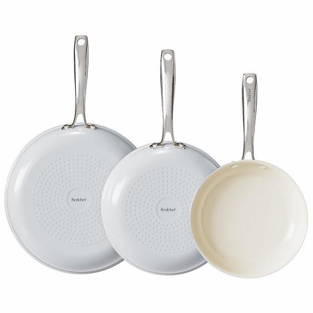 Redchef Non Stick Ceramic Frying Pan Set, Non Toxic Ceramic Pans for Cooking, 8" 9.5" 11" Skillet Set, No PFAS & PTFE & PFOA with Stainless Steel Handle, Dishwasher & Oven Safe Max up to 842°F (Grey)