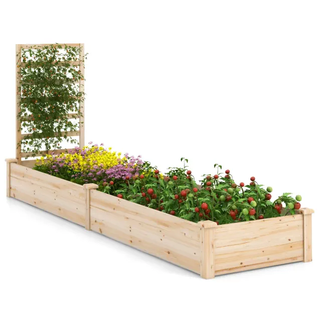 Costway Raised Garden Bed with Trellis Wooden Planter Box with Divided Space for Vegetables Flowers Fruits Climbing Plants