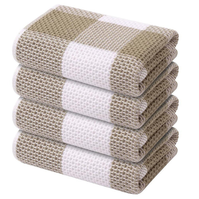 Mordimy 100% Cotton Waffle Weave Kitchen Towels, 13 x 28 Inches, Super Soft and Absorbent Buffalo Check Dish Towels for Drying Dishes, 4-Pack, Khaki & White