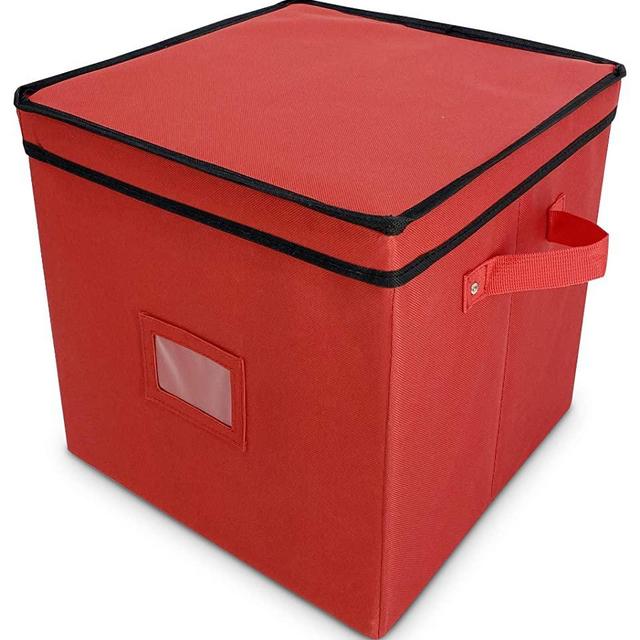 Christmas Ornament Storage - Stores up to 64 Holiday Ornaments, Adjustable Dividers, Covered Top and Two Handles. Attractive Storage Box Keeps Holiday Decorations Clean and Dry for Next Season.