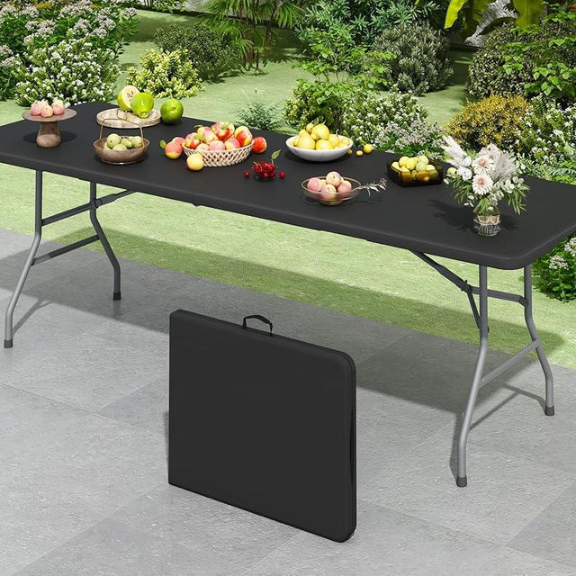 Linkriseed 8FT Black Folding Table for Outdoor, 8 Foot Picnic Tables No Assembly Required Portable, Black Foldable Table for Camping, Parties, Meeting, Events, Wedding, BBQ, with Carrying Handle