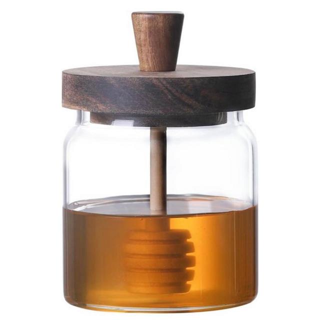 ANSQU Honey Pot, Airtight Glass Honey Jar with Dipper Stick and Wooden Lid, Honey Containers for Storing Honey, Mason Jar for Home Kitchen, 17oz