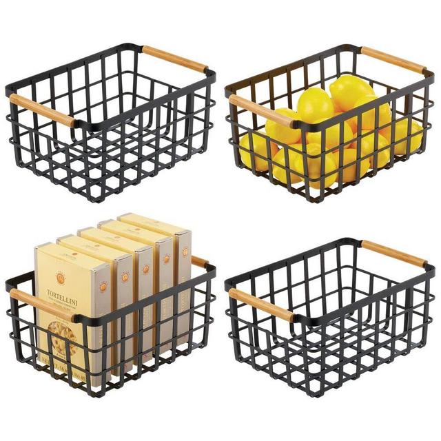 mDesign Farmhouse Decor Metal Wire Food Organizer Storage Bin Baskets with Bamboo Handles for Kitchen Cabinets/Pantry - Store Fruit, Coffee, Spices, Pasta, Baking Supplies, 4 Pack - Matte Black/Bamboo