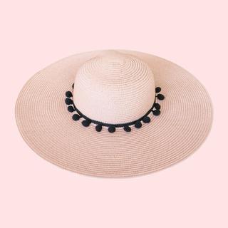 Sun Hat with Black Pom Poms